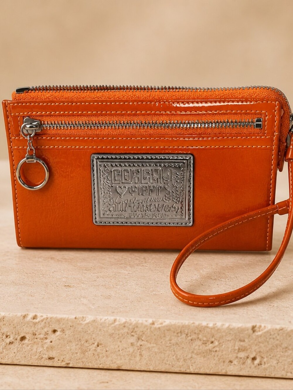 Coach Orange Poppy Patent Zippy Wallet/Wristlet with Silver Plaque